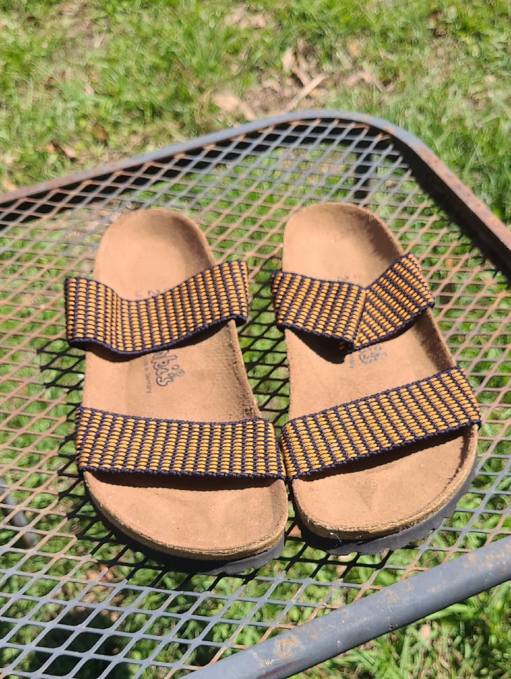 Birki's Birkenstock Curacao Slides Orange and Navy Strechy Straps Size 37